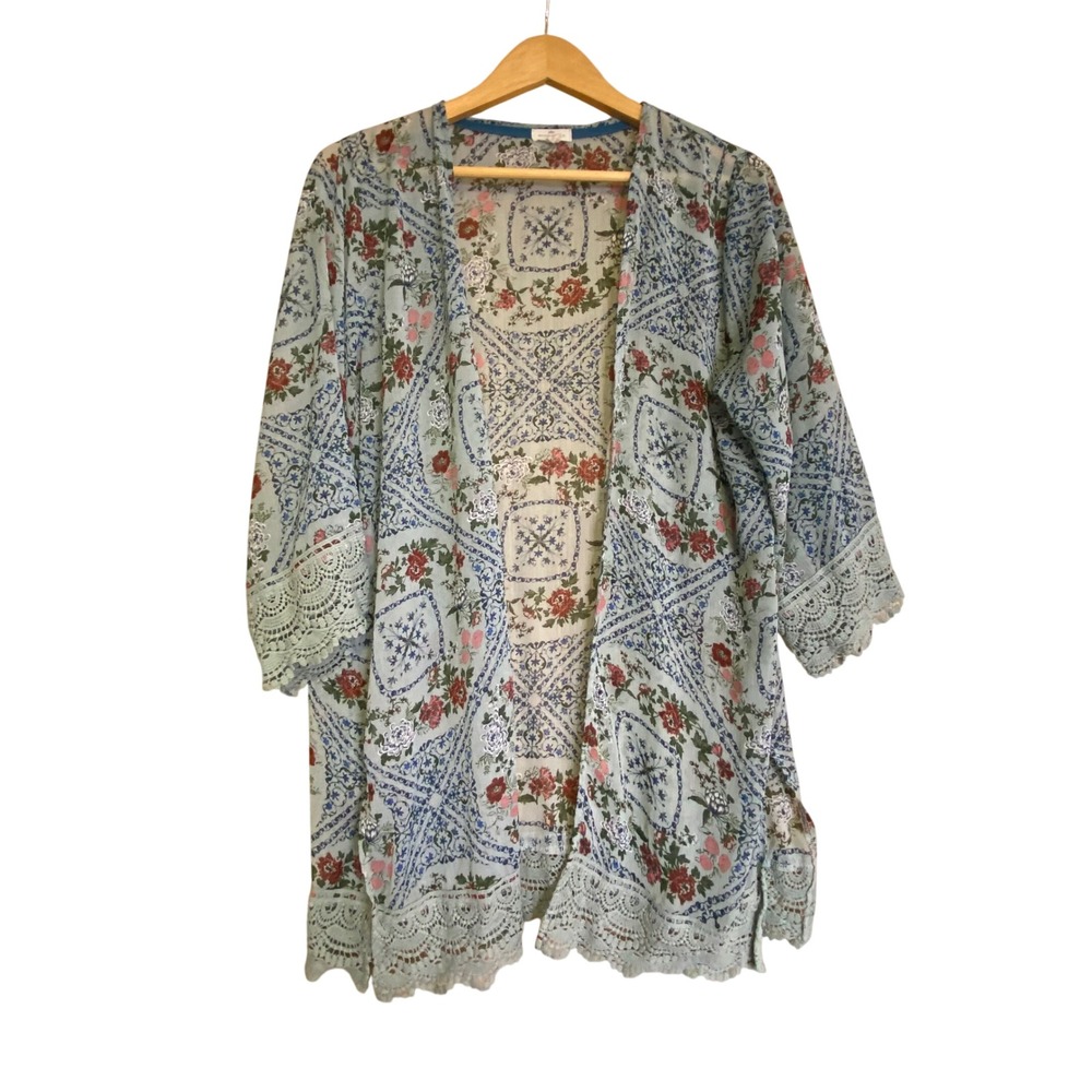 Mason & Belle Womens L Kimono Blue Floral Lace Trim Boho JFW49249DU Cardigan